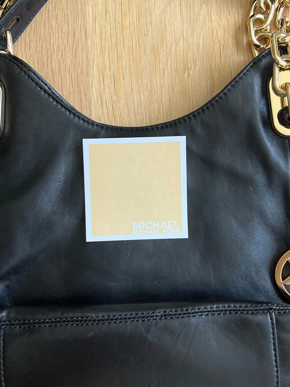 Michael Kors Black Leather Shoulder Tote with Gold Chain Handles